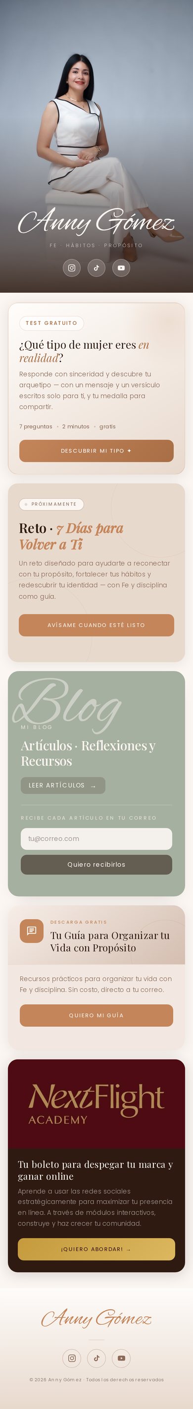 Link-in-bio page on mobile, full length: brand header with social links, then offer cards for a quiz, a challenge waiting list, the blog with email capture, a free guide and a paid programme