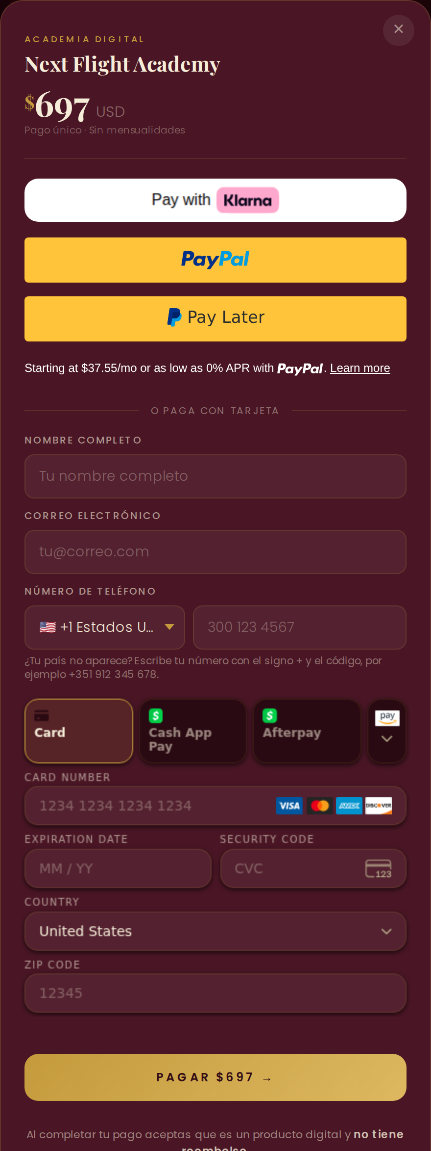 The live checkout: Klarna, PayPal and Pay Later buttons, then a form with name, email, a country selector beside the phone field, and card, Cash App Pay and Afterpay tabs