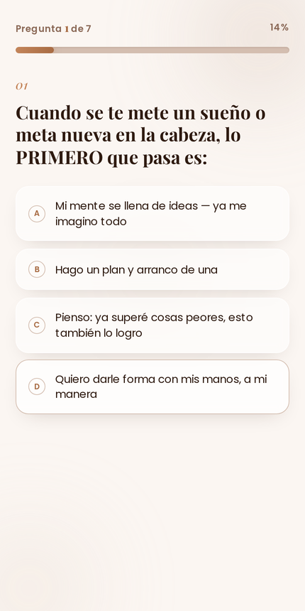 Quiz question screen: progress bar reading question 1 of 7 at 14 percent, the question, and four lettered answer options